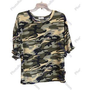 Carole Christian Women’s Top Shirt Camouflage Waffle Thermal 3/4 Sleeves Ruffle